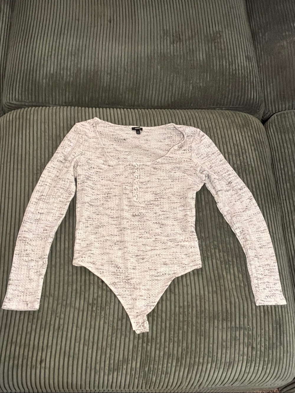 Express Light Gray Marled Long Sleeve Henley Bodysuit
